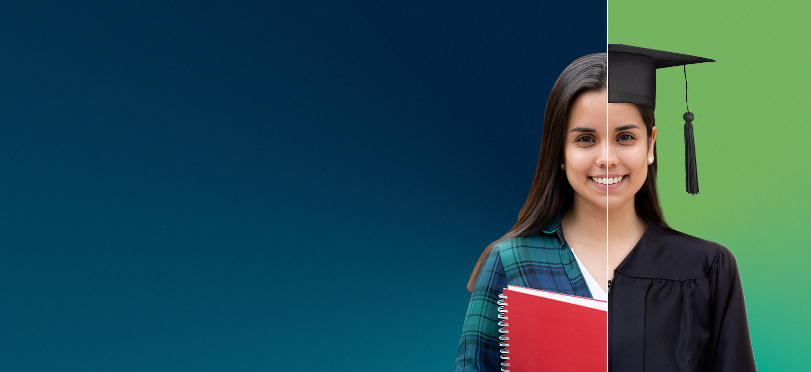 A female student shown with a cap and gown on the right side and shirt with book on the left