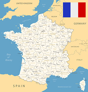 Map of France with the French flag