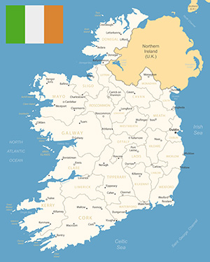 Map of Ireland with the Irish flag