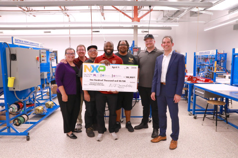 Left to right: Nicole Steverson &amp; Scott Hibben (NXP); NXP scholars Hao Yang, Khalil Ross, Eric Snelling &amp; Harry McCool; Geno Fallico (NXP)