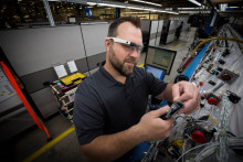 The Boeing Company photo: Boeing Mesa Employee works on electrical cable harness wiring in the Electrical Center of Excellence.